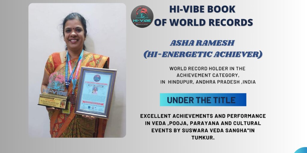 Asha Ramesh – Excellent achievements and performance in veda ,pooja, parayana and cultural events by SUSWARA VEDA SANGHA”in TUMKUR.